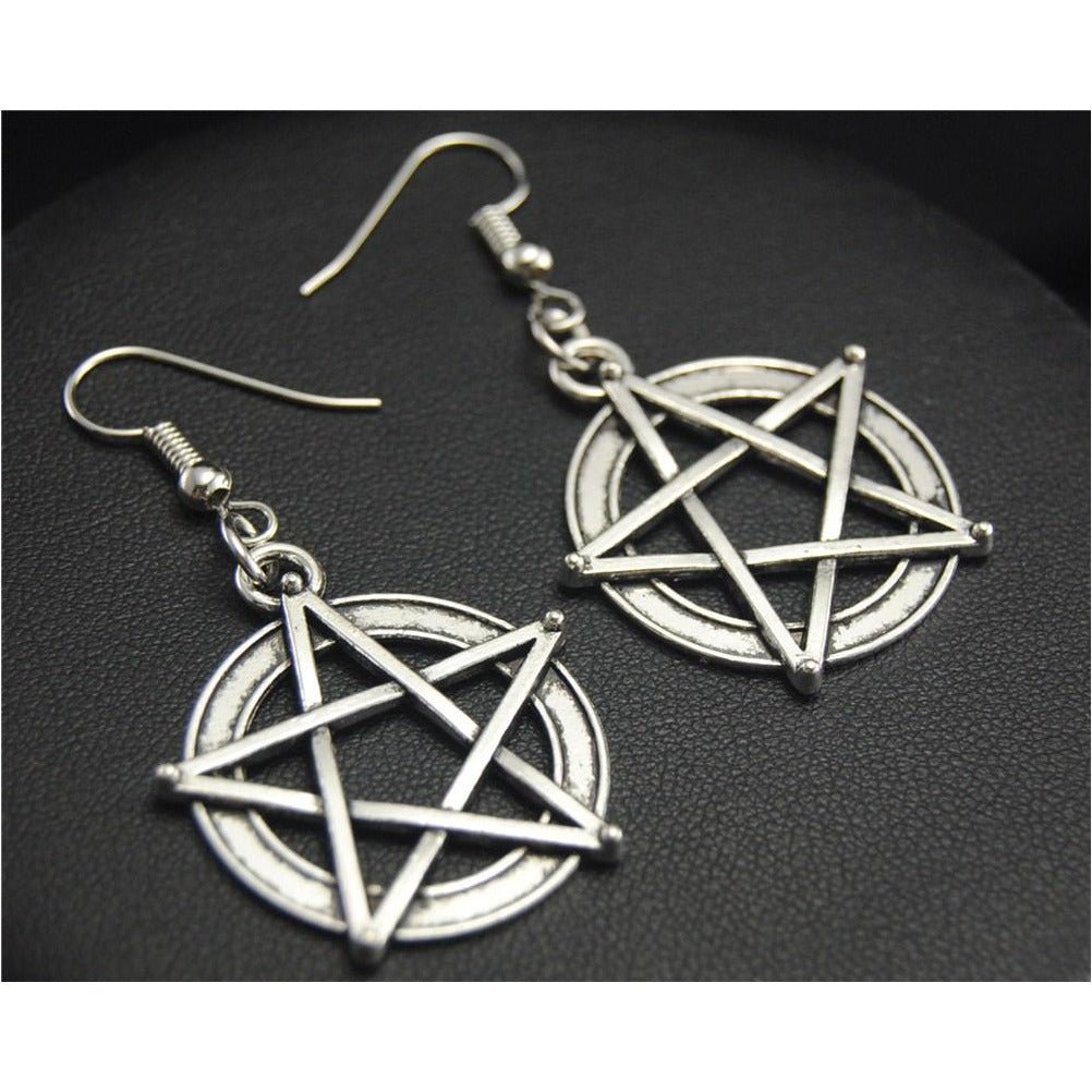 Silver Wicca Pentacle Dangle Drop Earrings - Spells and Psychics