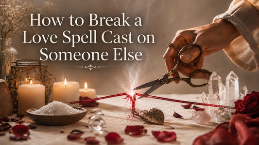 Spiritual love spell removal ritual with candles, crystals, salt, rose petals and red cord cutting for breaking a love spell cast on someone else.