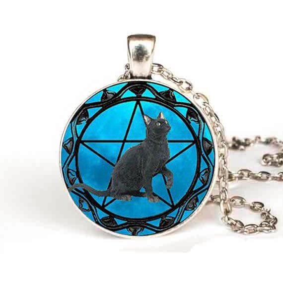 Black Cat Wiccan Pentagram Necklace - Spells and Psychics