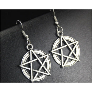 Silver Wicca Pentacle Dangle Drop Earrings - Spells and Psychics
